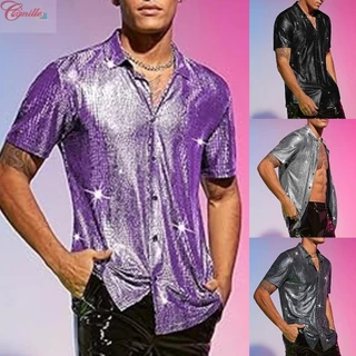 Homens Brilhantes Festa Performance Discoteca Palco Camisa De Manga Curta