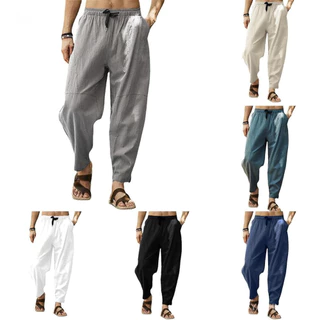 FYATHM Men's Cotton Linho Corredores Casual Cintura Elástica Solta Yoga Harem Pants