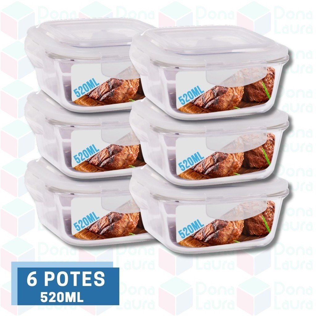 Conjunto 6 Potes de Vidro 520ml Hermético 4 Travas Marmita