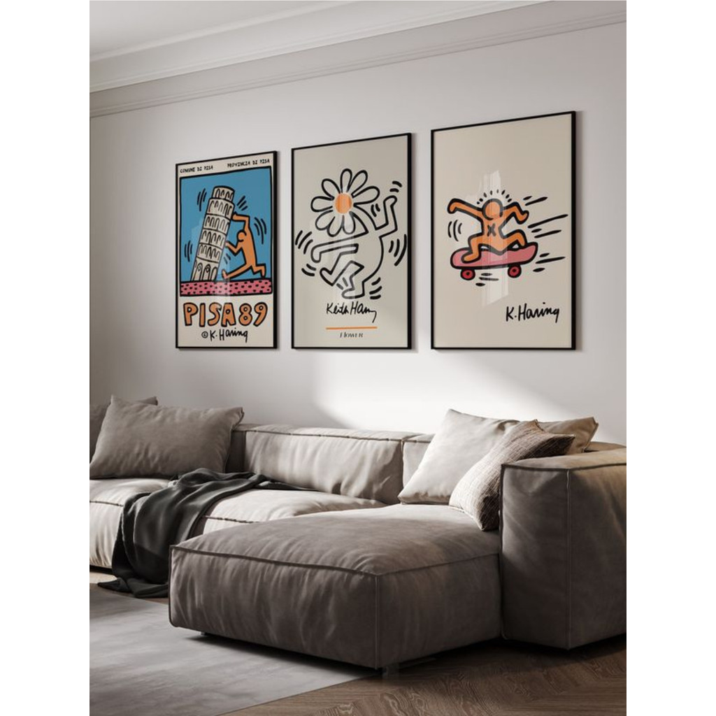 Kit 3 Quadros Decorativos Haring Skate Pisa89 Flower Moderno