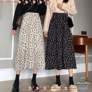 HUISHU Maxi Saias , Saia Longa Impressa Floral A-Line , Casual Flowy Elastic Waist High Waisted Midi Elástica De Cintura Alta