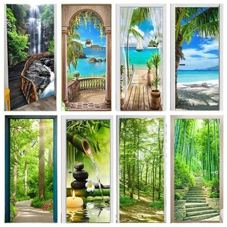 Personalizado Bambu Floresta Beira-Mar Cenário Porta Adesivo Papel De Parede Decoração Para Casa Estudo Sala Estar Quart