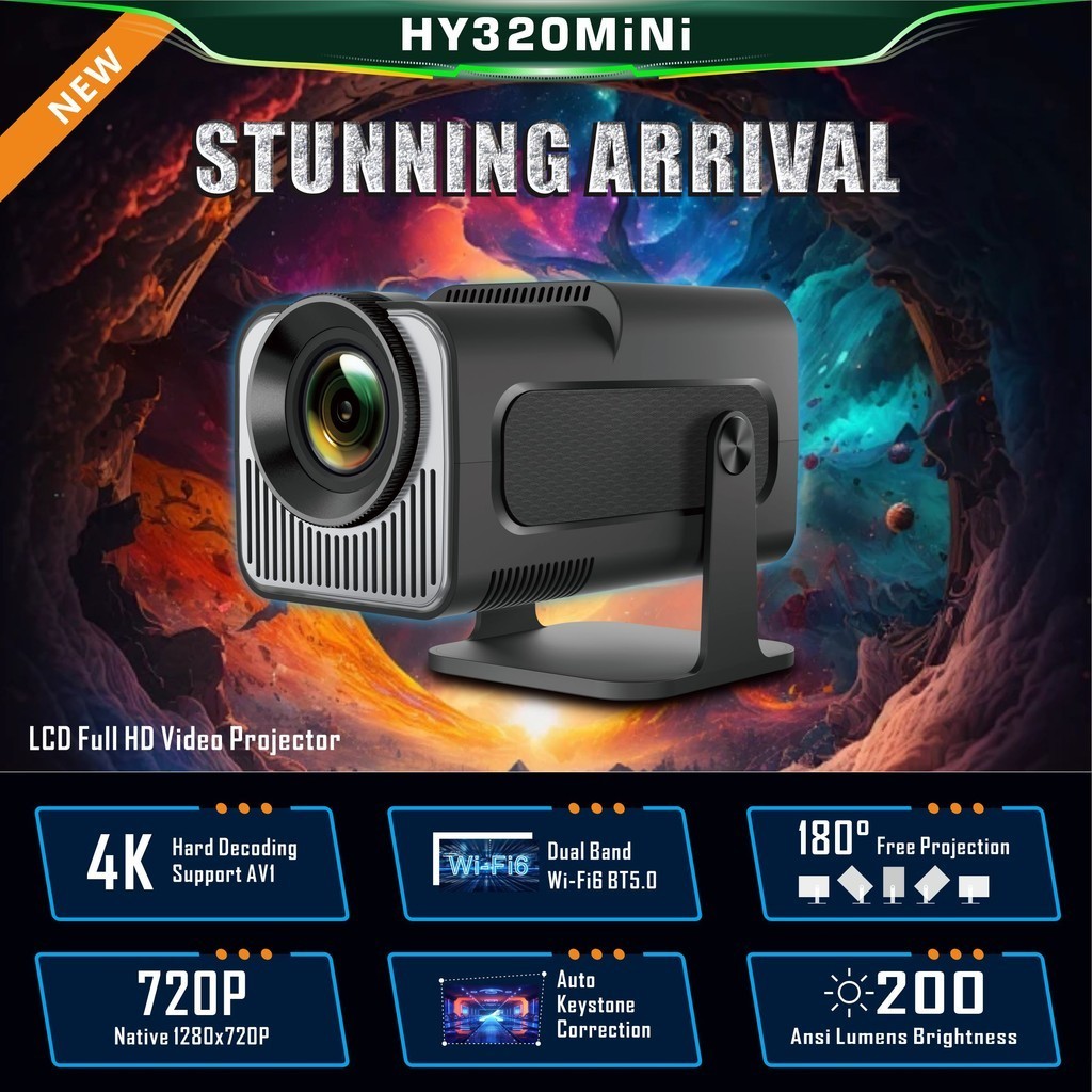 HY320 mini Projetor Inteligente 200ANSI Android 12 Dual Wifi6 BT5.0 4K De Cinema Em Casa Ao Ar Livre 1080P 1280 * 720P HD