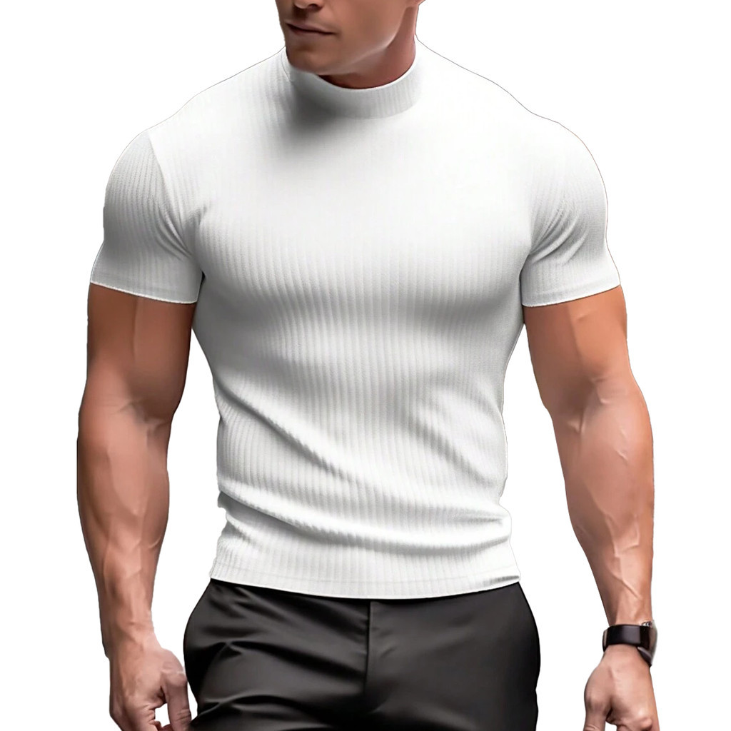 Camiseta Masculina Canelada Gola Alta Manga Curta Slim