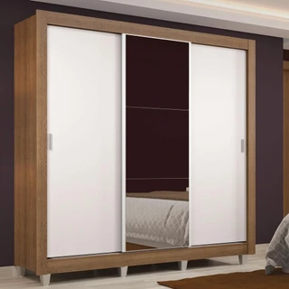 Guarda Roupa Casal Madesa Lyon 3 Portas de Correr com Espelho 2 Gavetas com Pés - Rustic/Branco em Oferta na Shopee