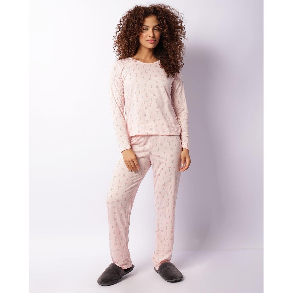 Pijama Feminino Longo Estampa Floral Rosa | Shopee Brasil