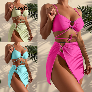 Lovito Conjuntos De Biquíni Sexy Com Coração Liso E Renda Para Mulheres LNL36048 (Verde Claro/Rosa Choque/Azul)