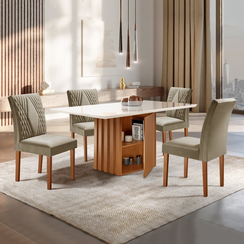 Conjunto Sala de Jantar Mesa Tampo Slim Plus Vidro 120x90cm com 4