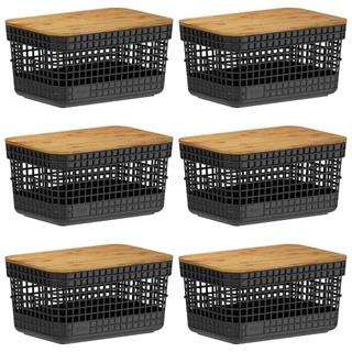 Kit 6 Cestos 2,5L Organizador OU Preto com Tampa de Bambu