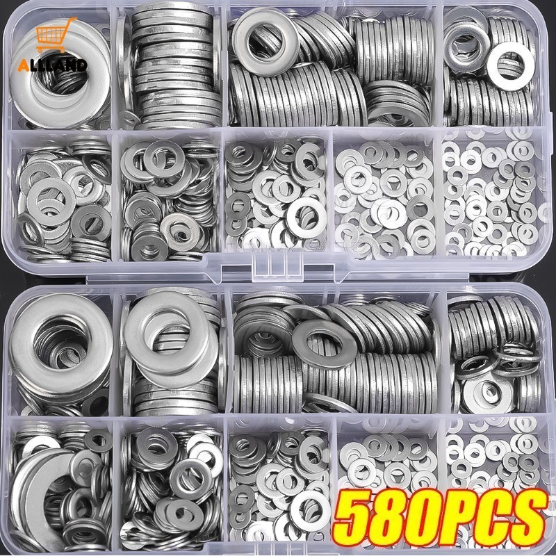 580Pcs Arruelas De Aço Inoxidável-M2 M2.5 M3 M4 M5 M6 M8 M10 Juntas Planas-Kits De Parafusos Com Anel Metálico Universal