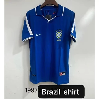 1997 Seleção Nacional Retro Style Away Jersey Brasil Camisa De Manga Curta Azul Treinamento De Futebol Masculino Top