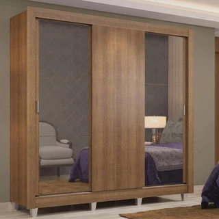Guarda-Roupa Casal Madesa Lyon 3 Portas de Correr com Espelhos 2 Gavetas com Pés em Oferta na Shopee