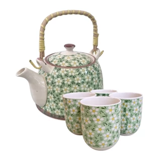 Bule de Chá Com Alça Madeira 4 Copos Xicara Caneca Porcelana