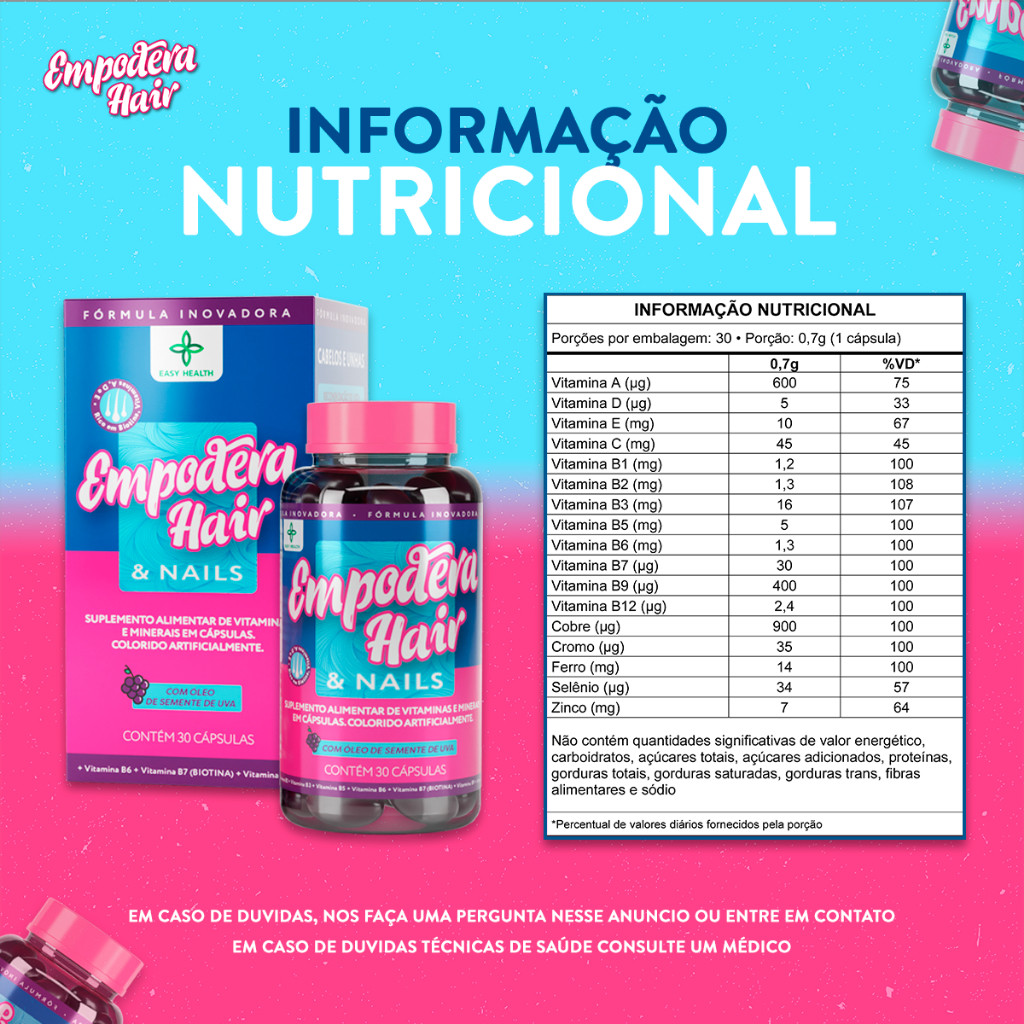 Vitamina para acabar com Queda de Cabelo e Unhas Fracas: 30 Cápsulas 1 ...