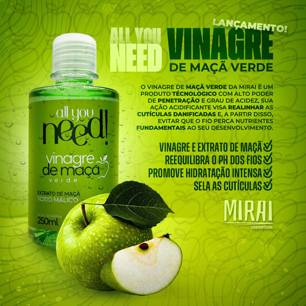 Vinagre De Maçã Verde Capilar 250ml Ácido Malico Mirai