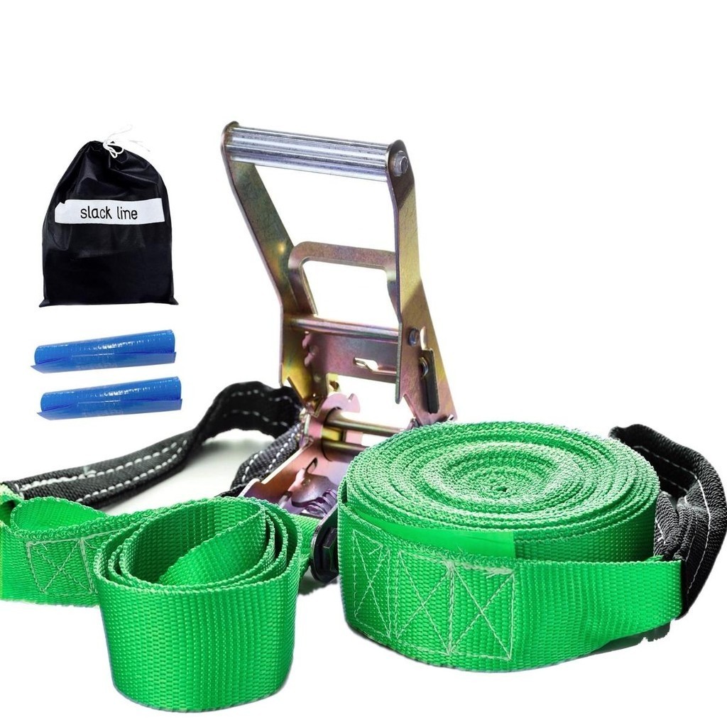 Slackline Verde + Cinta 10 metros Catraca + Alças + Protetores + Bolsa 2 TON