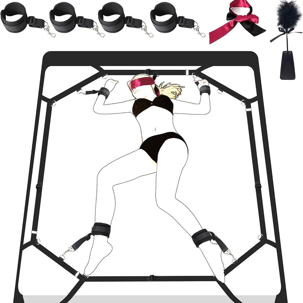 Sob O Colchão Fetish Conjunto De Restrições De Cama Ajustáveis Bondage Kit Algemas De Nylon Tornozelo Fita Pena SM Jogo De Brinquedos