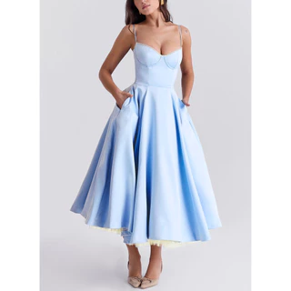 Nova moda feminina sexy estilingue com decote em V Vestido sem mangas Vestido Fluffy Vestido longo ZIOF