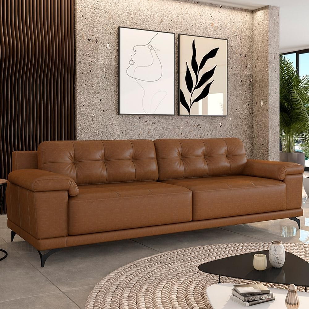Sofá Living 3 lugares 212cm Agostino Pés Design em Ferro Couro Caramelo ...
