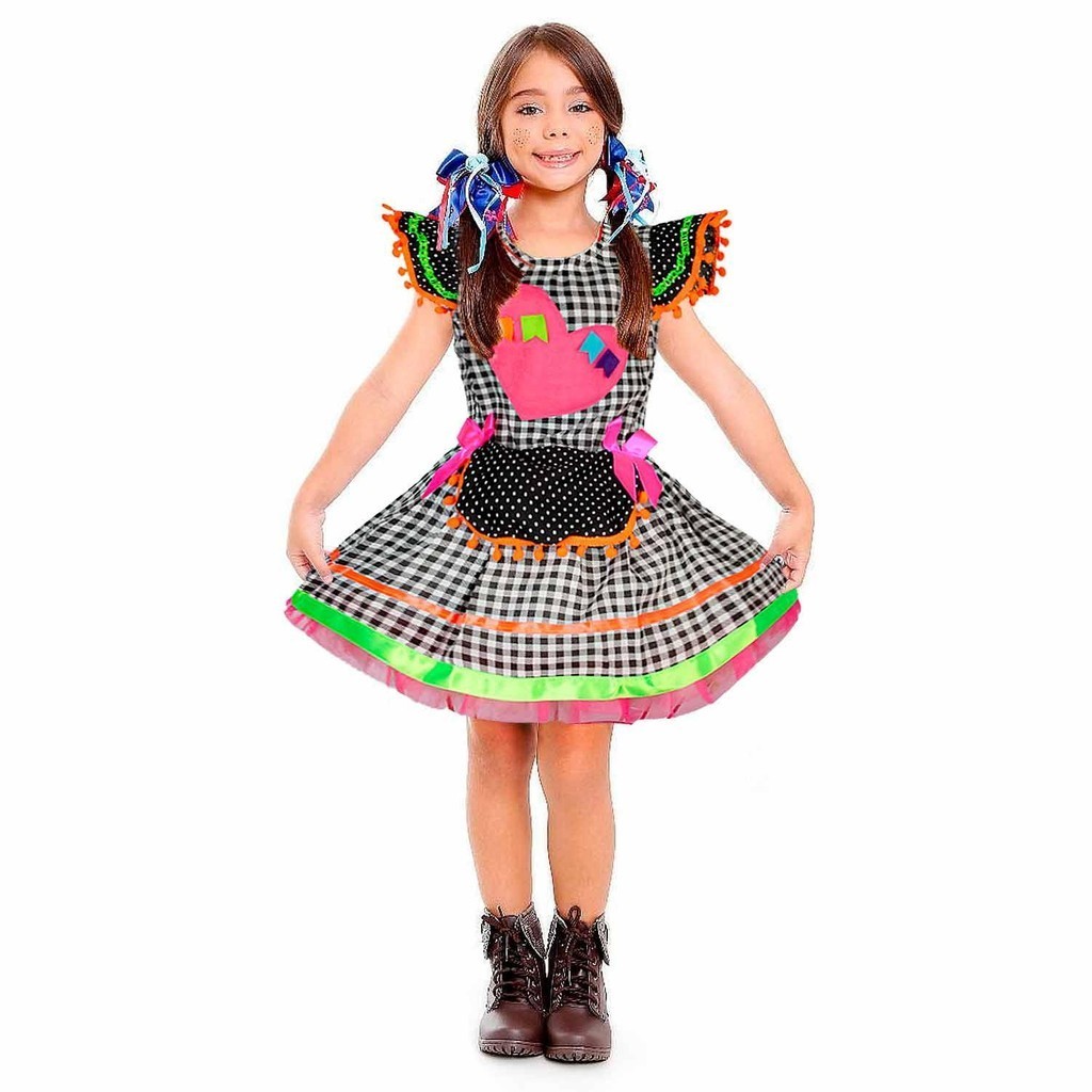 vestido festa junina infantil luxo pra menina xadrez preto Vários