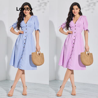 Lovito Vestido Boho com Listras e Laço na Frente para Mulheres LBL08117(Multicolorido)