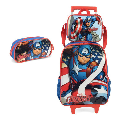Kit Escolar Mochila com Rodinhas Capitão América