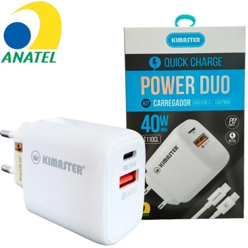 Kit Carregador Kimaster 40w pd + cabo usb-c para lightning T110CL PD ...