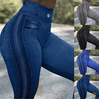Moda cintura alta Fitness Leggings elásticos Push Up Calças das mulheres Slim Faux Denim Jeans Leggins 528