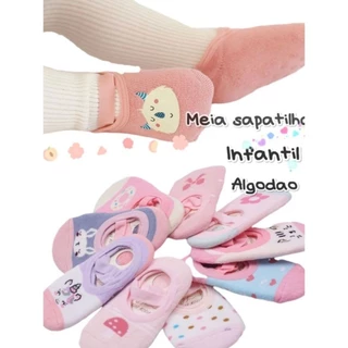 kit 3 Pares Meia Sapatilha Antiderrapante Infantil e Bebê em Algodão Menina Estampas Varidas