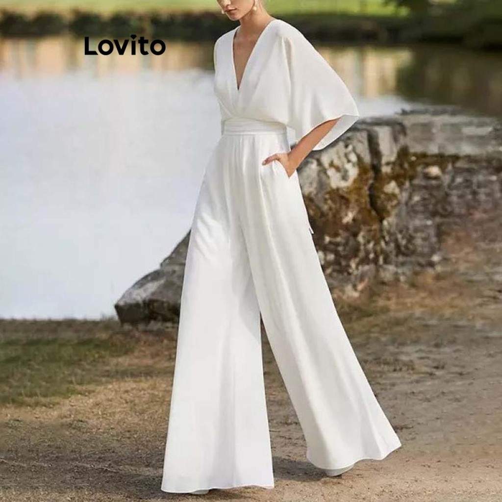 Lovito Macacão Elegante Liso com Bolsos para Mulheres LNL47041