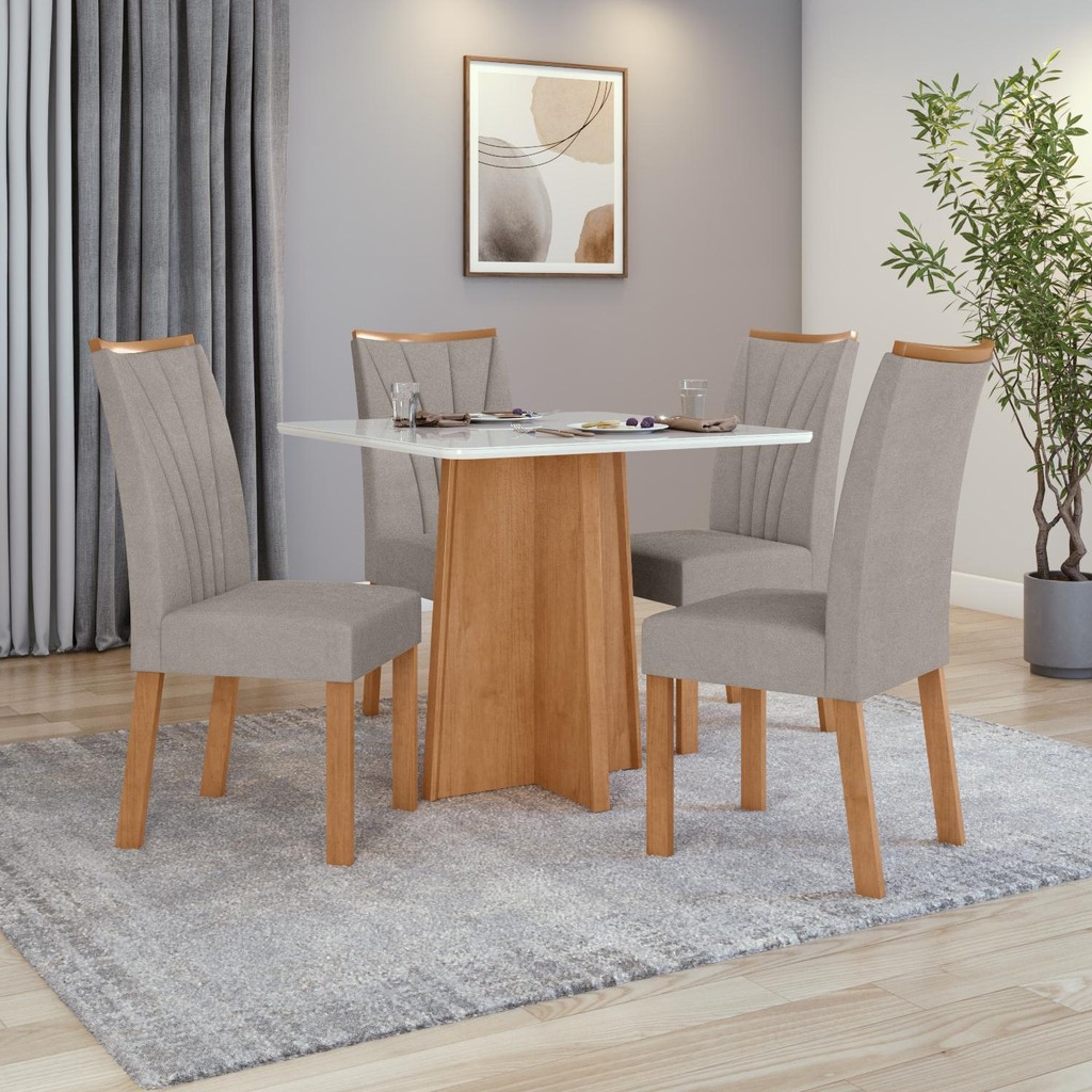 Conjunto Sala de Jantar Mesa Celebrare 90x90 Tampo Vidro/MDF com 4 Cad Apogeu Veludo Amendoa/off