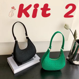 Kit 2 Bolsa de ombro com zíper cor sólida textura elegante versátil bolsa meia lua feminina em Oferta na Shopee