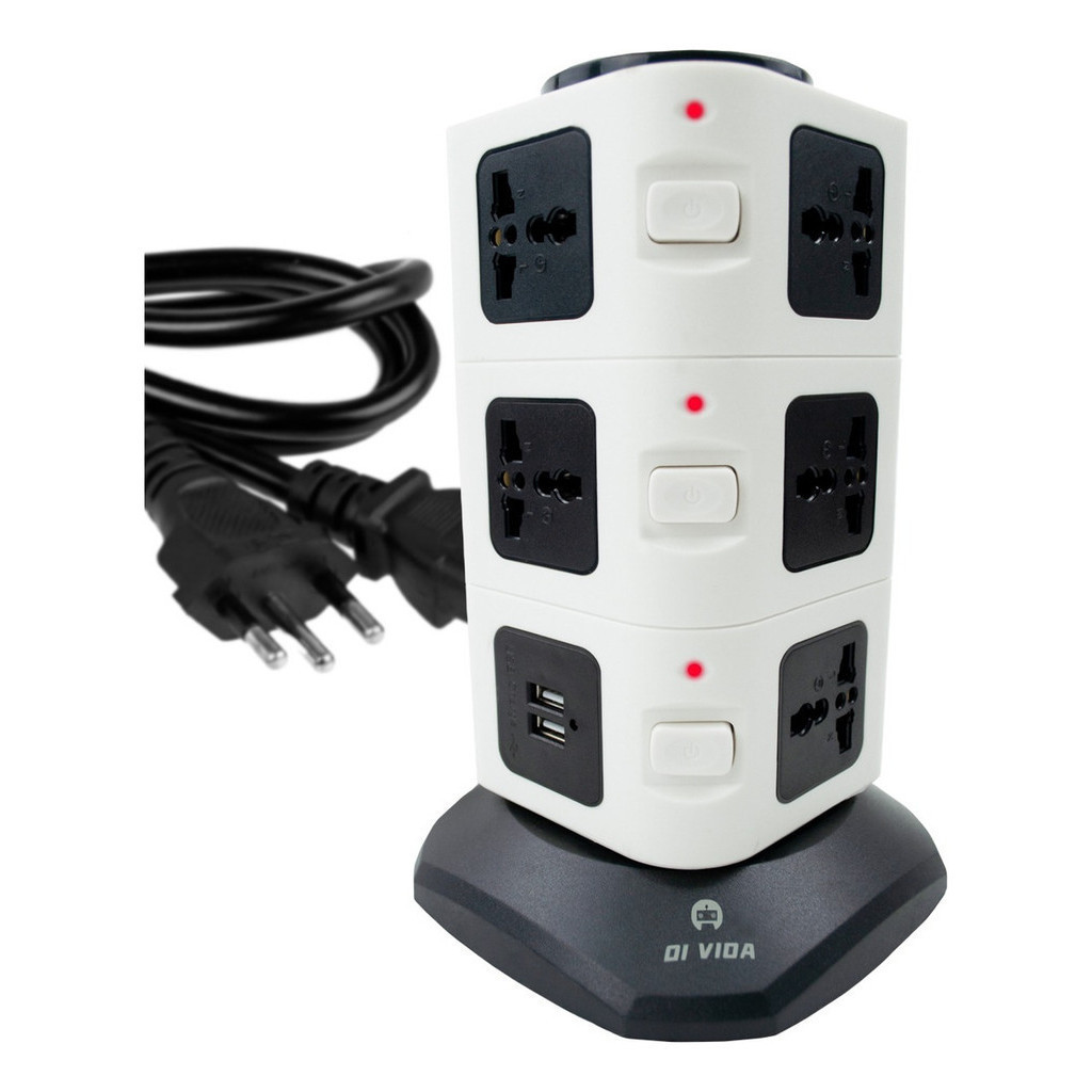 Tomada Elétrica Vertical 4 Saídas Universais 2 Usb 2500w
