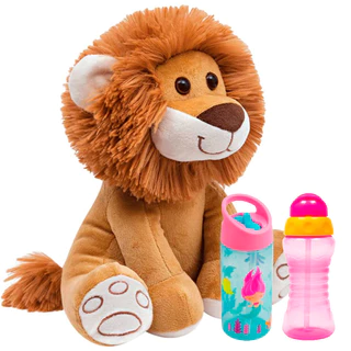Garrafa Infantil 400ml Sereia + Garrafa Infantil 300ml Rosa + Meu Leaozinho 25cm - Buba
