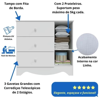 Cômoda Infantil Bebê 1 Porta Lisa 3 Gavetas 100% MDF Branco Brilho Carvalho Ben Móveis Peroba