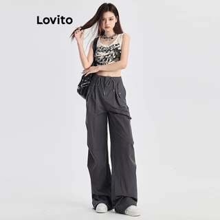 Lovito Calça casual lisa com cordão para mulheres LNM67027