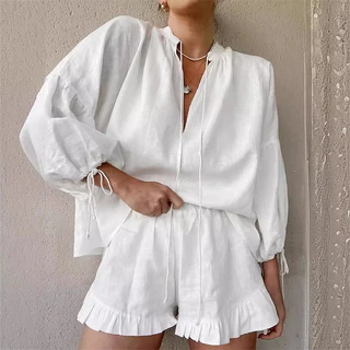 Moda feminina casual jumper de manga comprida, shorts soltos e cordões de cor sólida (28277)