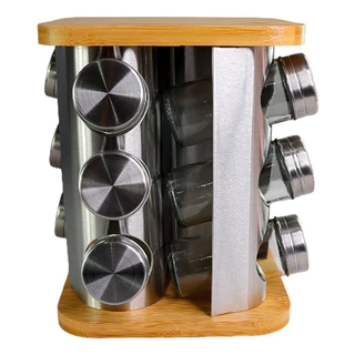 Porta Condimentos Giratório Inox Base De Bambu 12 Potes 90ml