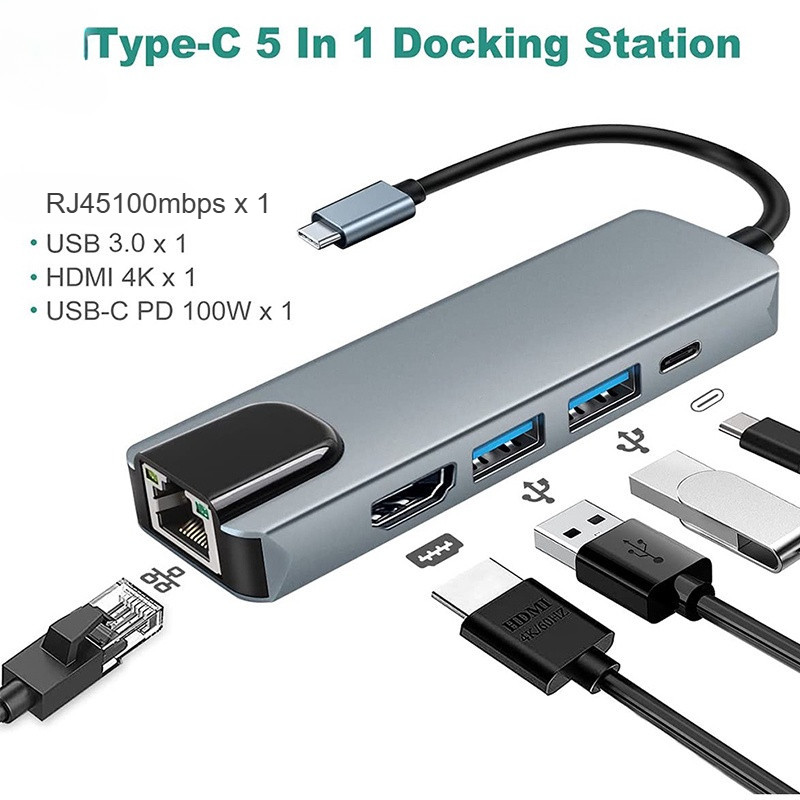 5 Em 1 USB C HUB Tipo-Para Hdmi 4k Conversor Adaptador USB3.0 Rj45 ...