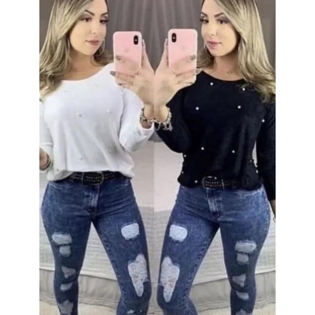 kit 2 Blusa Feminina Lanzinha com Perola Manga Longa Moda Inverno Lançamento Frio P028