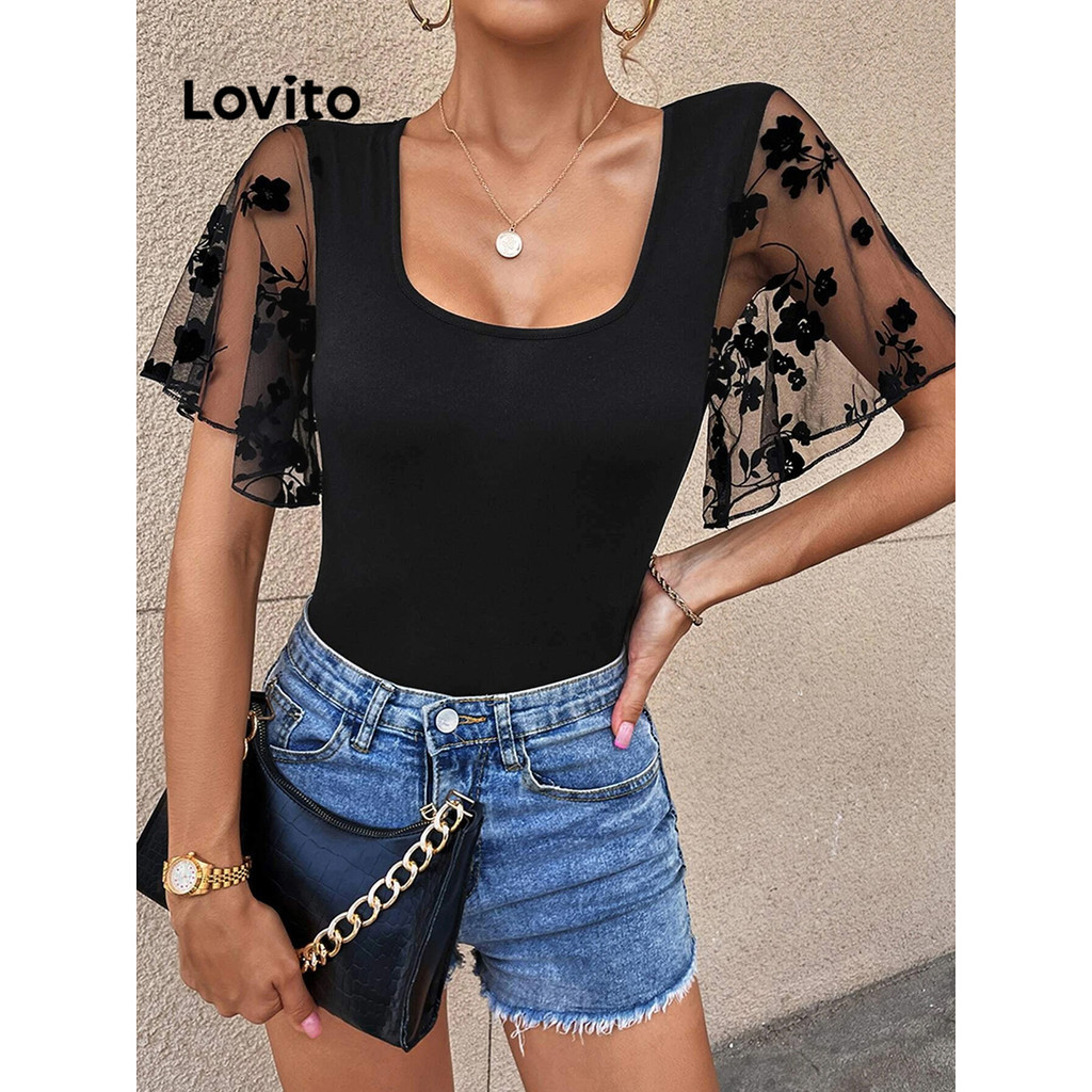 Lovito Elegante Camiseta Feminina Floral de Jacquard e Malha de Contraste com Cintura Elástica LBL09095