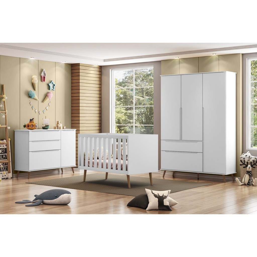Quarto Para Bebê Completo Melinda com Roupeiro Cômoda e Berço