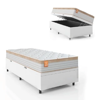 Cama Box Baú Colchão Solteiro Molas Ensacadas Real 88x188x68cm Linho Branco / Bege Inducol - Suporta até 130kg por Pessoa