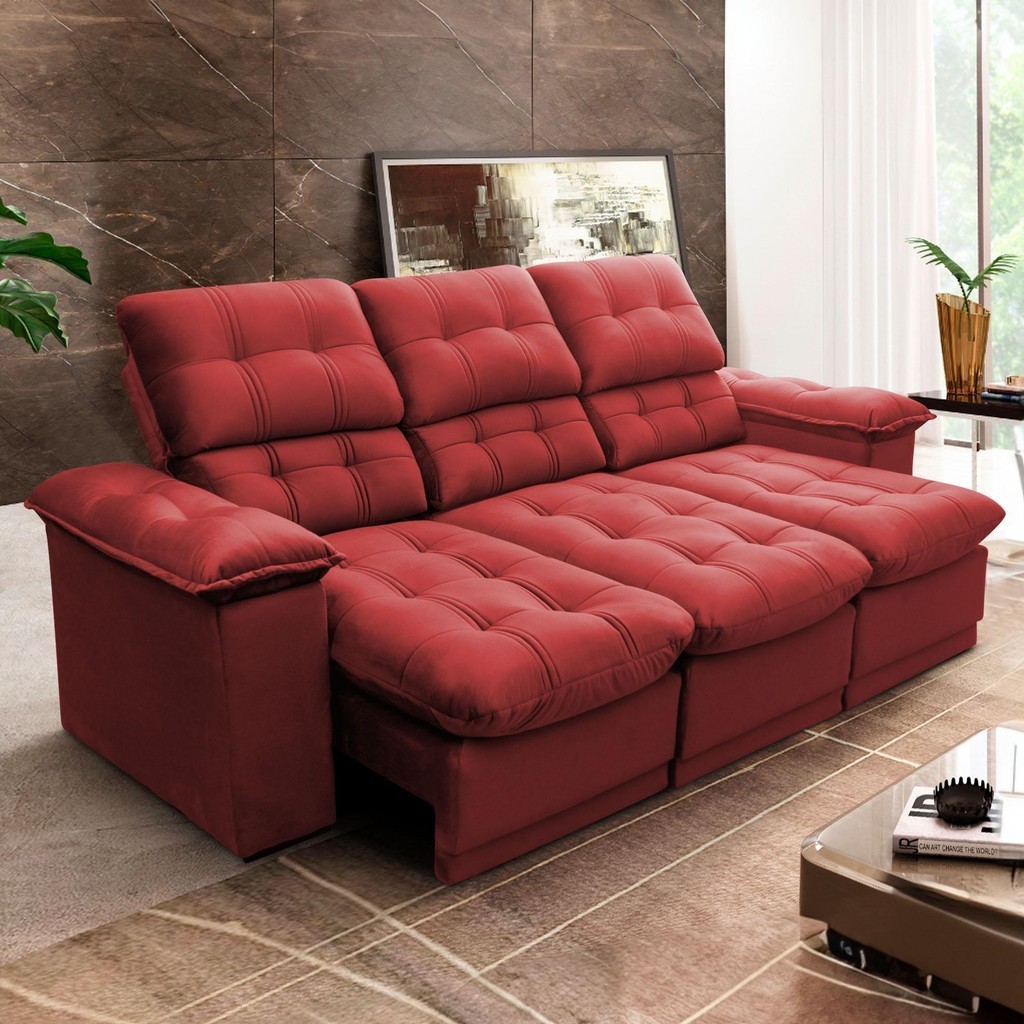 Sofá Retrátil Reclinável Atenas 2,30m Suede Velut Vermelho c/ Molas no Assento - King House