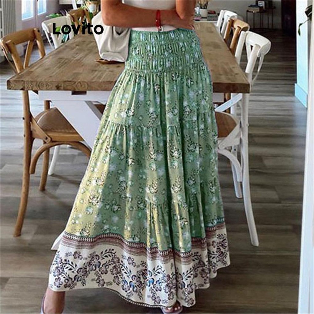 Lovito Saias Boho Tropical Smocked para Mulheres LNL55220