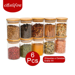 Belifou 200ML Kit 3/6 Potes Para Alimentos Com Tampa Bambu Potes Vidro Potes Pote De Vidro Selado