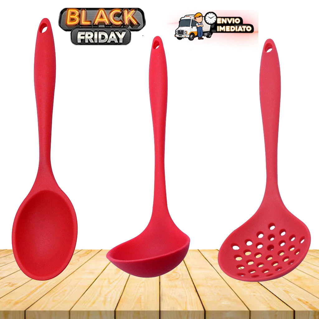 Kit Colher Concha de Feijão e Escumadeira de Silicone Vermelho Utensílios Práticos e Resistente