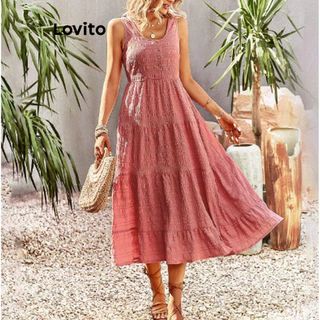 Lovito Boho Vestido Feminino Liso com Botão LNL40037