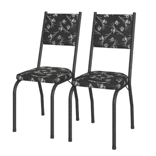 Conjunto Com 2 Cadeiras Tubular Diana Preto Craquelado Assento Floral Artefamol