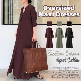 Vestido De Lingerie De Verão Casual Botão Frente Liso Maxi Aconchegante Manga Longa Flared Longo Sólido Praia Camisa De Férias